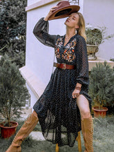 Load image into Gallery viewer, Embroidered Polka Dot Tie Neck Long Sleeve Midi Dress
