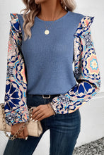 Load image into Gallery viewer, Ruffled Printed Round Neck Long Sleeve Top
