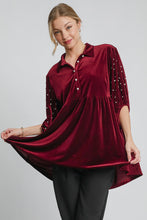 Load image into Gallery viewer, Umgee Pearl Detail Collared Neck Velvet Babydoll Blouse
