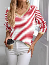 Load image into Gallery viewer, Contrast Trim Striped V-Neck Long Sleeve Knit Top
