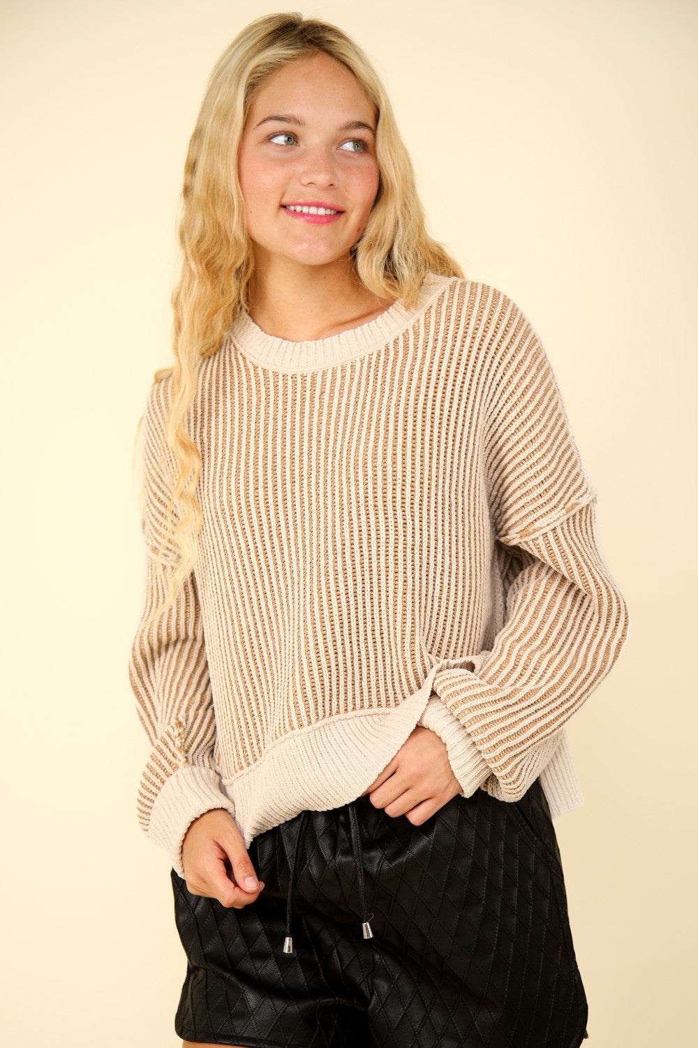 VERY J Exposed Seam Cropped Striped Slit Sweater