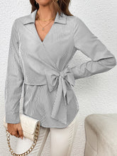 Load image into Gallery viewer, Bow Tie Waist Johnny Collar Neck Striped Blouse
