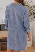 Load image into Gallery viewer, Distressed Collared Neck Flounce Sleeve Denim Dress
