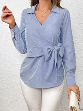 Load image into Gallery viewer, Bow Tie Waist Johnny Collar Neck Striped Blouse
