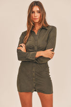 Load image into Gallery viewer, MABLE Front Ruched Button-Down Skinny Mini Shirt Dress
