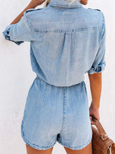 Load image into Gallery viewer, Drawstring Half Button Half Sleeve Denim Romper
