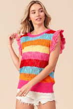 Load image into Gallery viewer, BiBi Pointelle Striped Ruffled Knit Top

