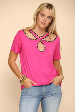 Load image into Gallery viewer, Celeste Full Size Crisscross Cutout Leopard Contrast Trim T-Shirt

