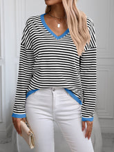 Load image into Gallery viewer, Contrast Trim Striped V-Neck Long Sleeve Knit Top
