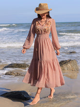 Load image into Gallery viewer, Embroidered Polka Dot Tie Neck Long Sleeve Midi Dress

