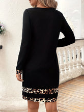 Load image into Gallery viewer, Leopard Trim Round Neck Long Sleeve Mini Dress
