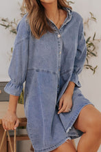 Load image into Gallery viewer, Distressed Collared Neck Flounce Sleeve Denim Dress
