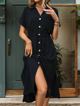 Load image into Gallery viewer, Perfee Slit Drawstring Button Up Short Sleeve Midi Dress
