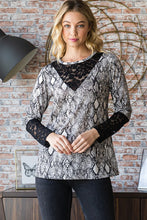 Load image into Gallery viewer, Heimish Full Size Snakeskin Print Round Neck Lace Contrast Top
