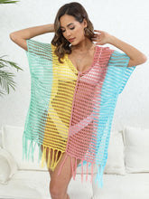 Load image into Gallery viewer, Fringe Color Block Scoop Neck Cover Up
