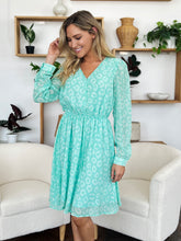 Load image into Gallery viewer, Double Take Full Size Printed Ruched V-Neck Long Sleeve Dress

