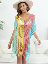 Load image into Gallery viewer, Fringe Color Block Scoop Neck Cover Up
