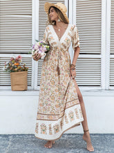 Load image into Gallery viewer, Drawstring Printed Plunge Half Sleeve Dress
