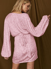 Load image into Gallery viewer, Tied Sequin Surplice Balloon Sleeve Dress
