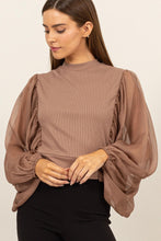 Load image into Gallery viewer, HYFVE Ruched Sheer Long Sleeve Mock Neck Blouse
