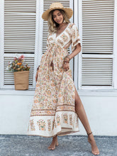 Load image into Gallery viewer, Drawstring Printed Plunge Half Sleeve Dress
