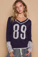 Load image into Gallery viewer, POL V-Neck Long Sleeve Floral Number Patch T-Shirt

