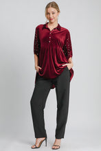Load image into Gallery viewer, Umgee Pearl Detail Collared Neck Velvet Babydoll Blouse
