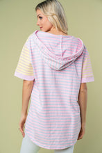 Load image into Gallery viewer, White Birch Full Size Striped Short Sleeve Drawstring Hooded Top
