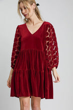 Load image into Gallery viewer, Umgee Dotted Lace Sleeve Tiered Velvet Mini Dress
