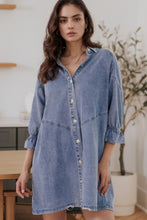 Load image into Gallery viewer, Distressed Collared Neck Flounce Sleeve Denim Dress
