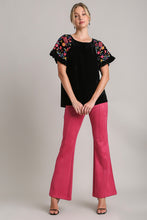 Load image into Gallery viewer, Umgee Full Size Velvet Embroidery Short Sleeve Blouse
