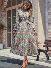 Load image into Gallery viewer, Perfee Tied Pleated Printed Mock Neck Long Sleeve Dress
