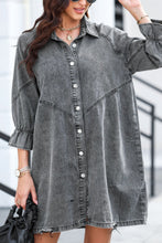 Load image into Gallery viewer, Distressed Collared Neck Flounce Sleeve Denim Dress
