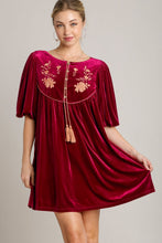 Load image into Gallery viewer, Umgee Embroidered Half Sleeve Velvet Mini Dress with Tassel
