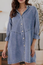 Load image into Gallery viewer, Distressed Collared Neck Flounce Sleeve Denim Dress
