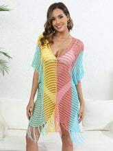 Load image into Gallery viewer, Fringe Color Block Scoop Neck Cover Up
