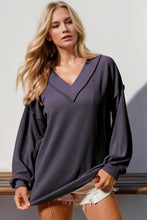 Load image into Gallery viewer, Double Take Exposed Seam Ribbed Textured V-Neck Long Sleeve T-Shirt
