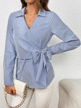 Load image into Gallery viewer, Bow Tie Waist Johnny Collar Neck Striped Blouse
