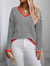 Load image into Gallery viewer, Contrast Trim Striped V-Neck Long Sleeve Knit Top
