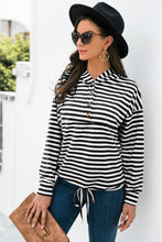 Load image into Gallery viewer, Striped Half-Button Dropped Shoulder Hoodie
