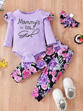 Load image into Gallery viewer, Baby Girl Graphic Ribbed Ruffle Shoulder Bodysuit and Printed Pants Set
