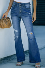 Load image into Gallery viewer, Button Fly Distressed Flared Jeans
