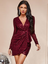 Load image into Gallery viewer, Sequined Puff Sleeve Ruffled Mini Wrap Dress
