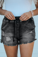 Load image into Gallery viewer, Elastic Waist Distressed Raw Hem Denim Shorts
