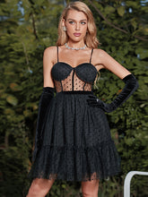 Load image into Gallery viewer, Polka Dot Spliced Mesh Seam Detail Mini Dress
