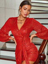 Load image into Gallery viewer, Sequined Tie-Waist Surplice Mini Wrap Dress
