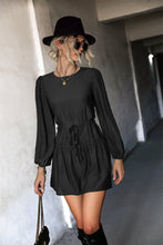 Load image into Gallery viewer, Frill Trim Tie Waist Puff Sleeve Mini Dress
