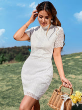 Load image into Gallery viewer, Scalloped Hem Short Sleeve Mock Neck Lace Dress
