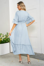 Load image into Gallery viewer, V-Neck Flounce Sleeve Smocked Waist High Slit Dress
