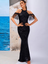 Load image into Gallery viewer, Sequin Cold-Shoulder Fringe Detail Dress
